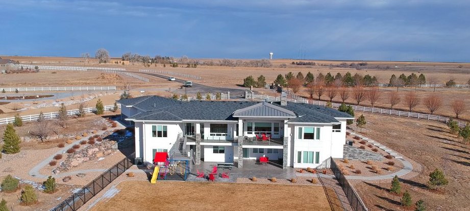 Custom home aerial backyard view