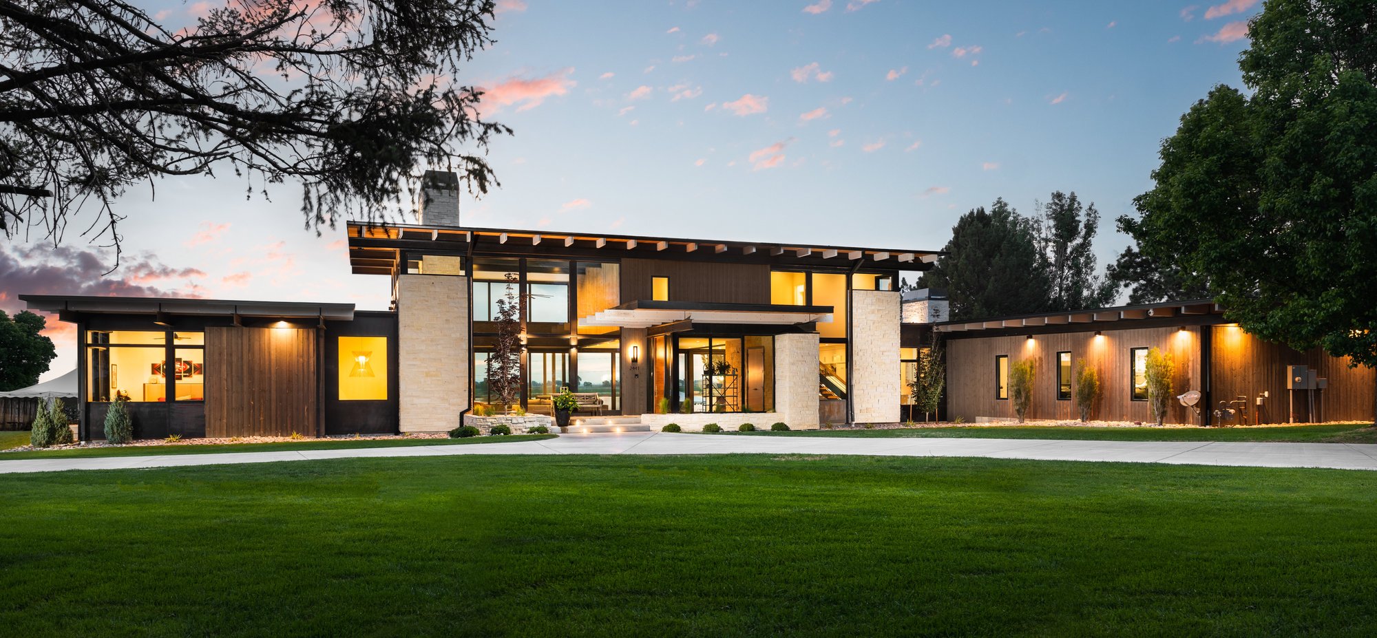 Custom home exterior at dusk