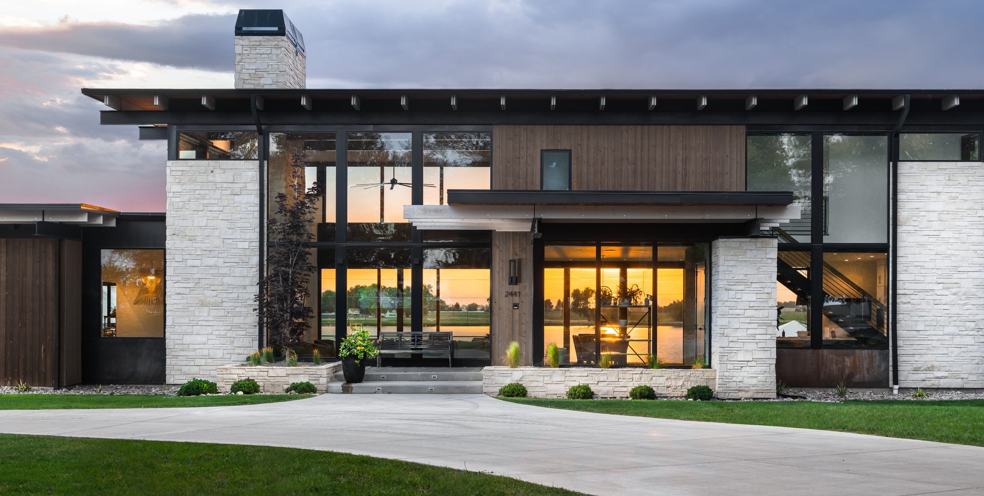 Custom home exterior at dusk