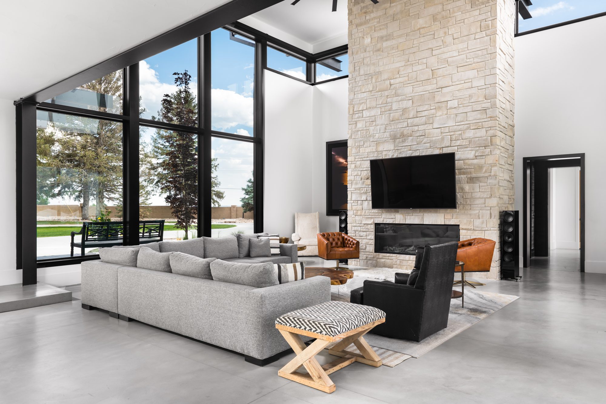 Custom great room with stone fireplace