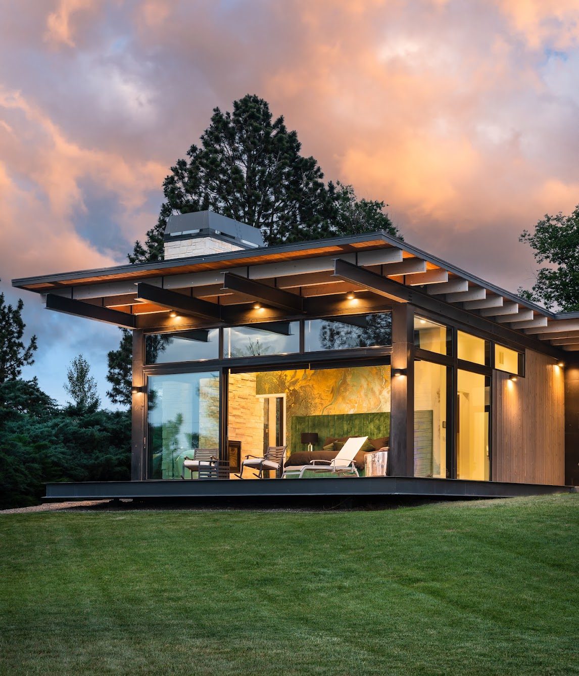 Custom home exterior at dusk