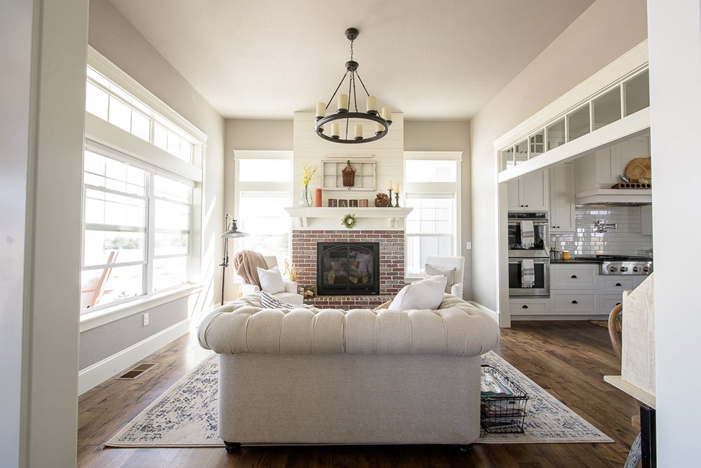 Custom great room with brick fireplace