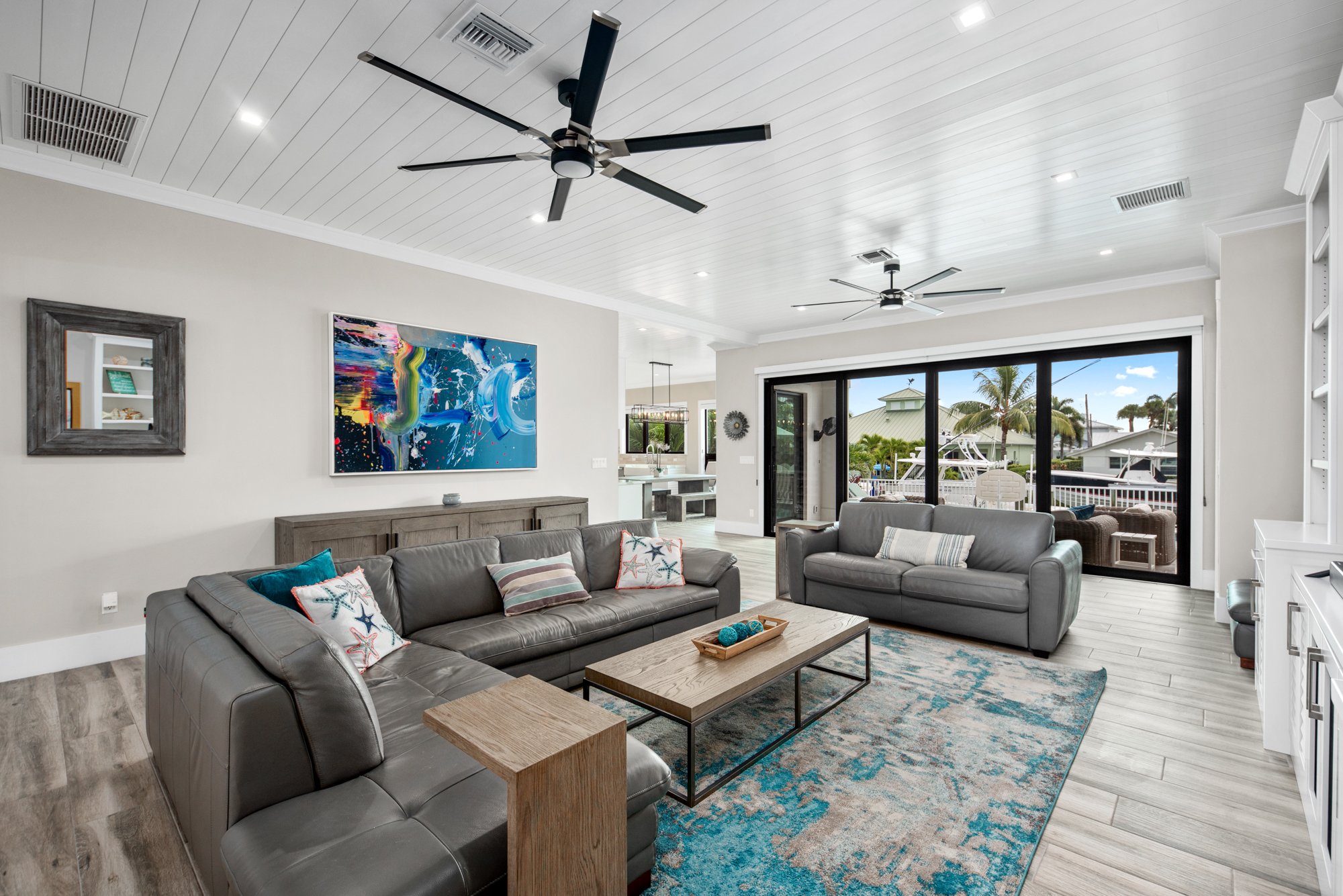 Custom great room with waterfront view