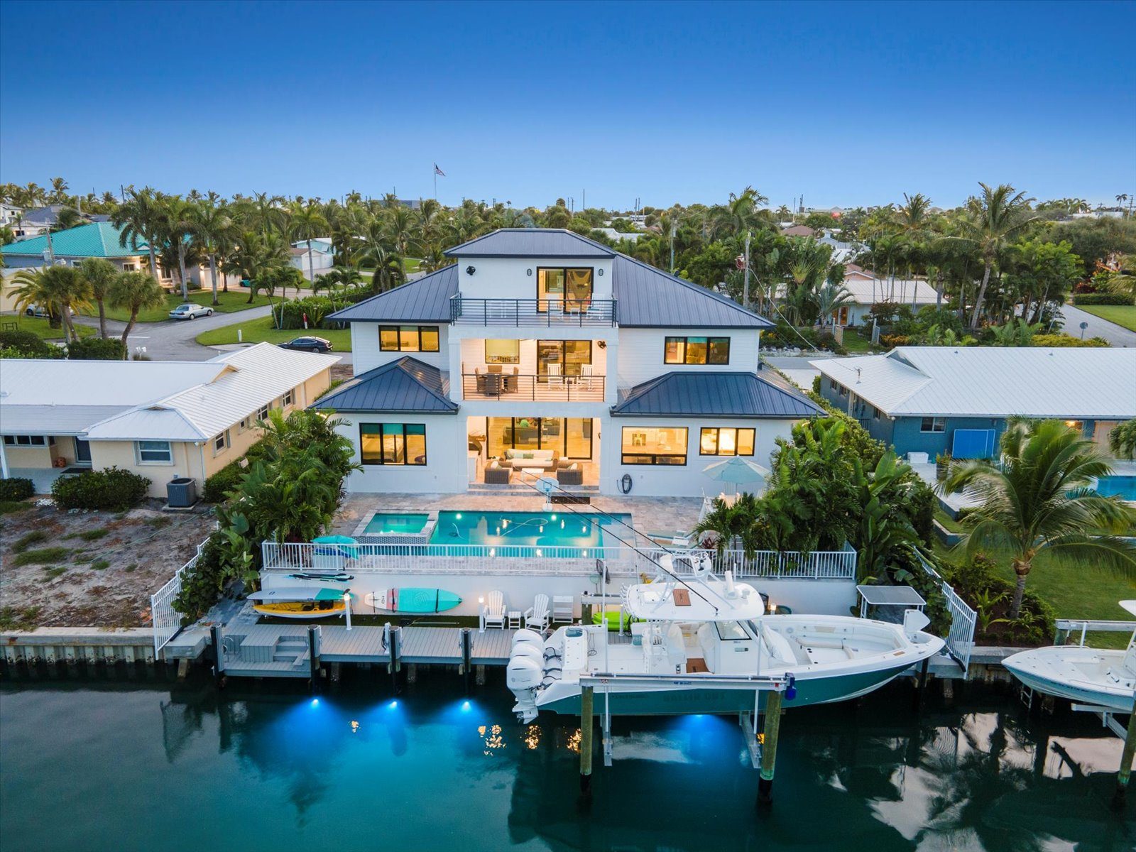 Waterfront custom home aerial view